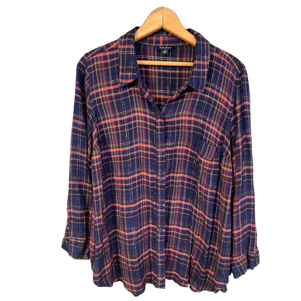 Lucky Brand 1X Womens Button Up Shirt Collared Plaid Gold Trim Roll Tab Sleeves